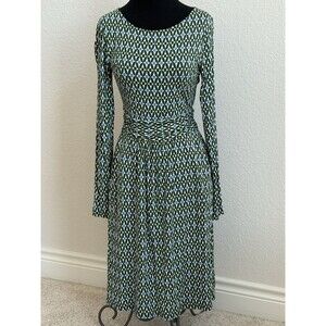 Boden Amelie Pine Diamond Trellis Print A-Line Ruched Waist Jersey Dress Sz 4R